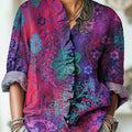 Vintage-Damenbluse mit abstraktem Blumenmuster, lässigem Rüschenrock aus Baumwolle und Leinen 