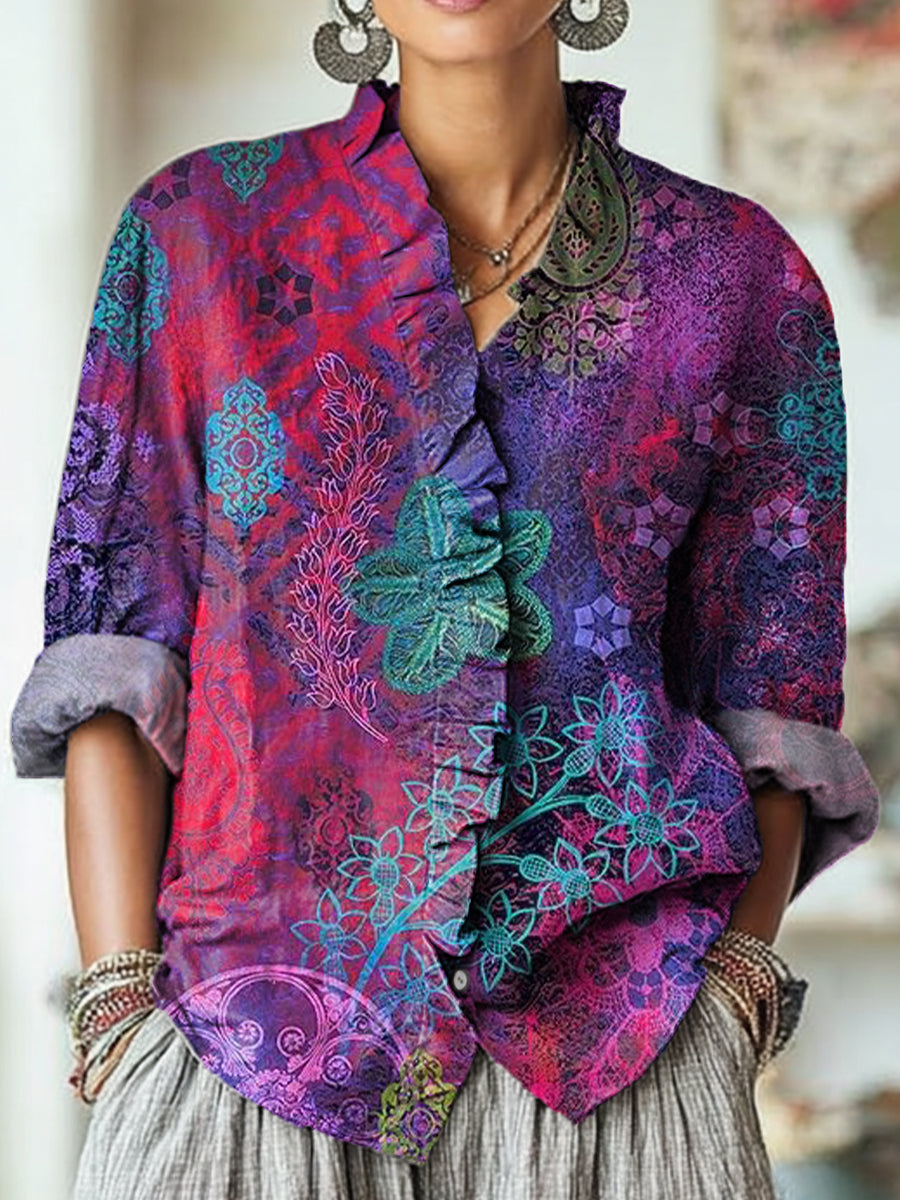 Women's Vintage Abstract Floral Painting Art Print Casual Cotton And Linen Ruffle Shirt