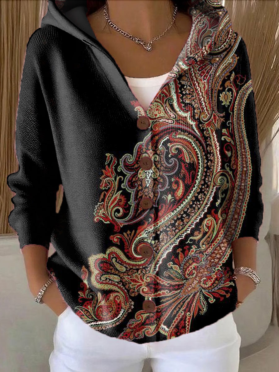 Women's Vintage Flower Art Printed Casual Hooded Button Sweater