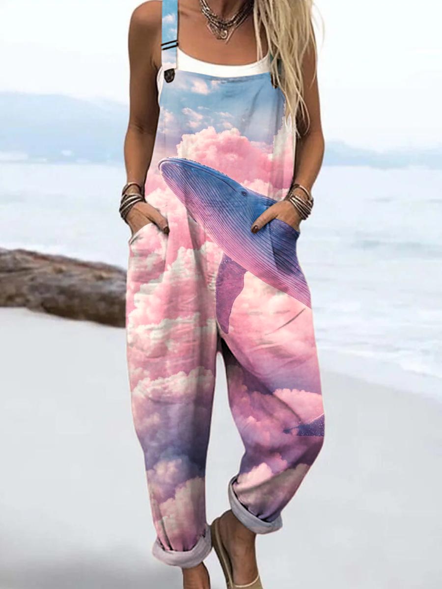 Women's Lovely Whale Pattern Art Print Casual 100% Cotton Wide Leg Jumpsuit