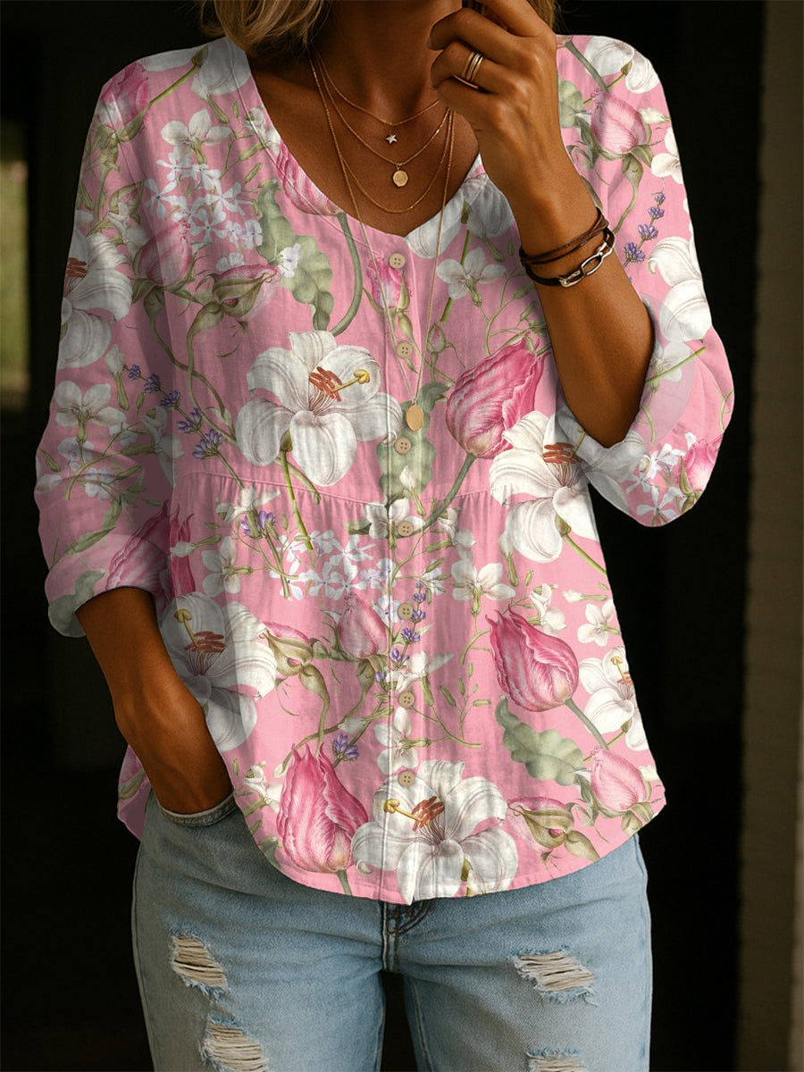 Women's Flower Art Print Linen Cotton Shirt