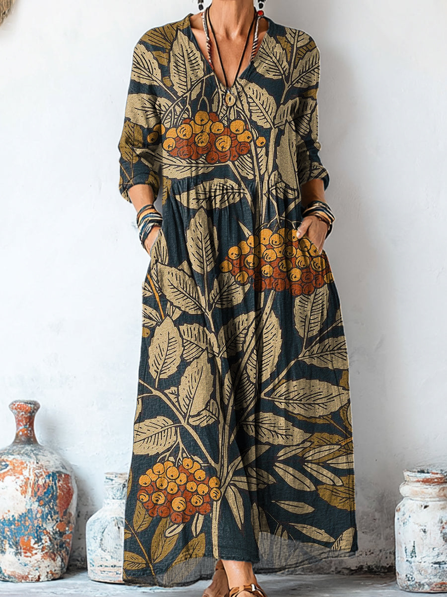 Women's Vintage Ethnic Leaves Painting Art Print Linen Pocket Tunic Dress