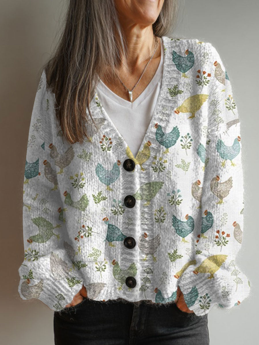 vintage-chicken-flower-art-print-buttoned-v-neck-cardigan-sweater-jkup