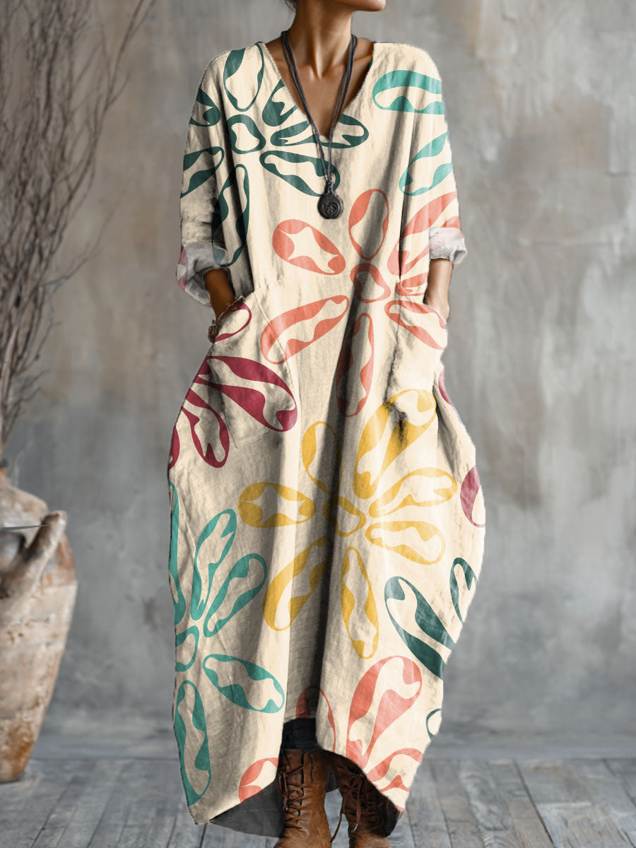 Women's Color Hollow Floral Art Pattern Print Pocket V-neck Cotton Dress