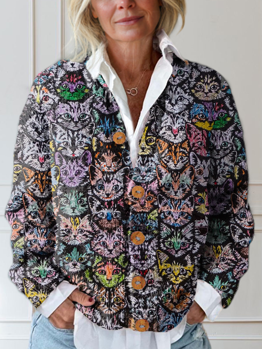 irregular-kitten-print-buttoned-cardigan-sweater