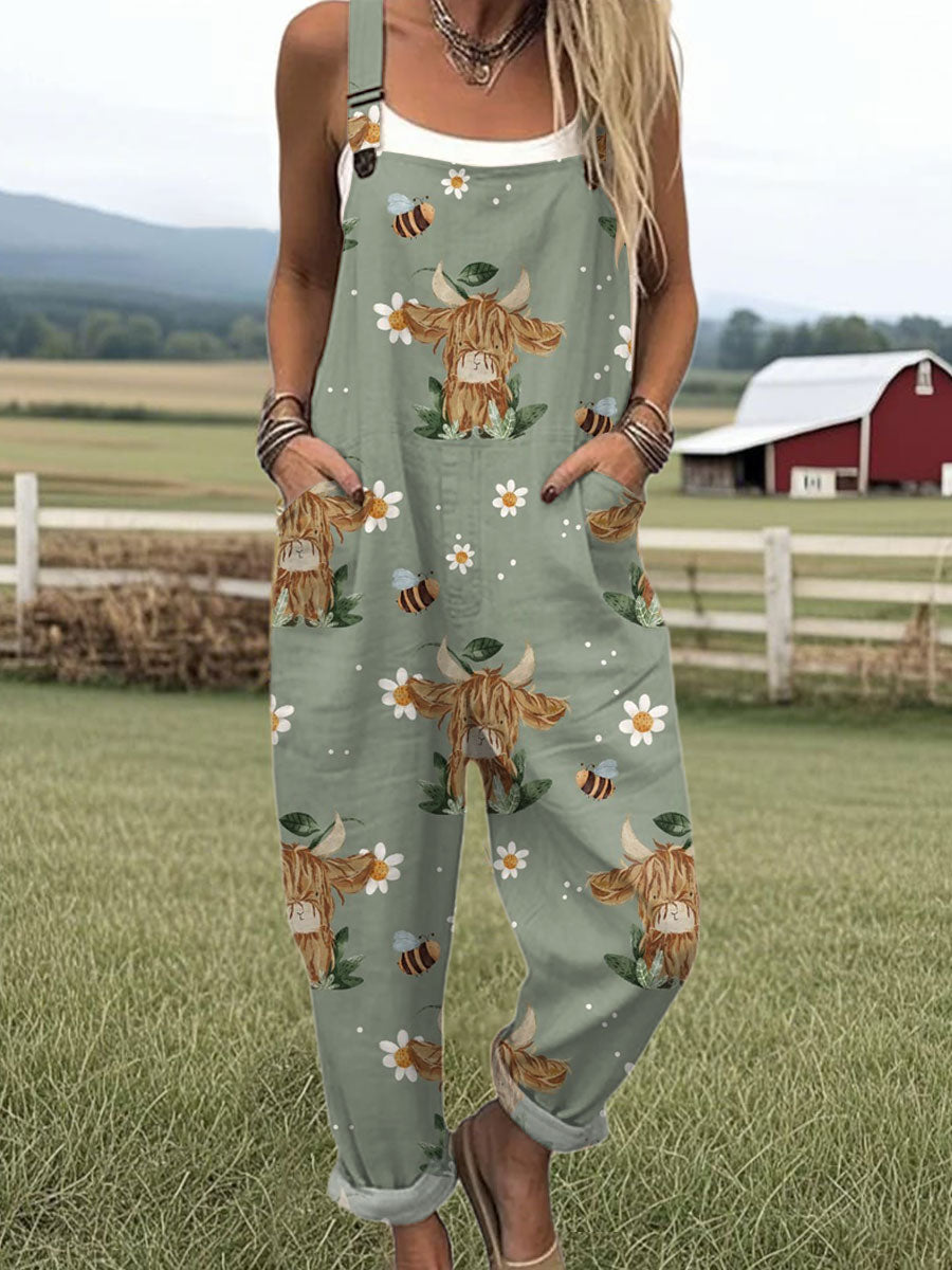 Women's  Farm Highland Cattle Floral Art Print Casual 100% Cotton Wide Leg Jumpsuit