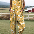 Women's Lovely Floral Art Print Casual 100% Cotton Wide Leg Jumpsuit