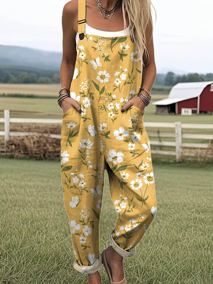 Women's Lovely Floral Art Print Casual 100% Cotton Wide Leg Jumpsuit