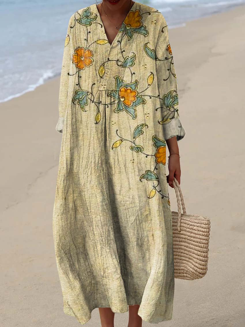 Women's Vintage Floral Art Print Cotton Dress