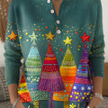 Women's Christmas Tree Art Print Buttoned Cardigan Sweater