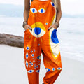 Women's Vintage Abstract Geometric Eye Art Print Casual 100% Cotton Wide Leg Jumpsuit