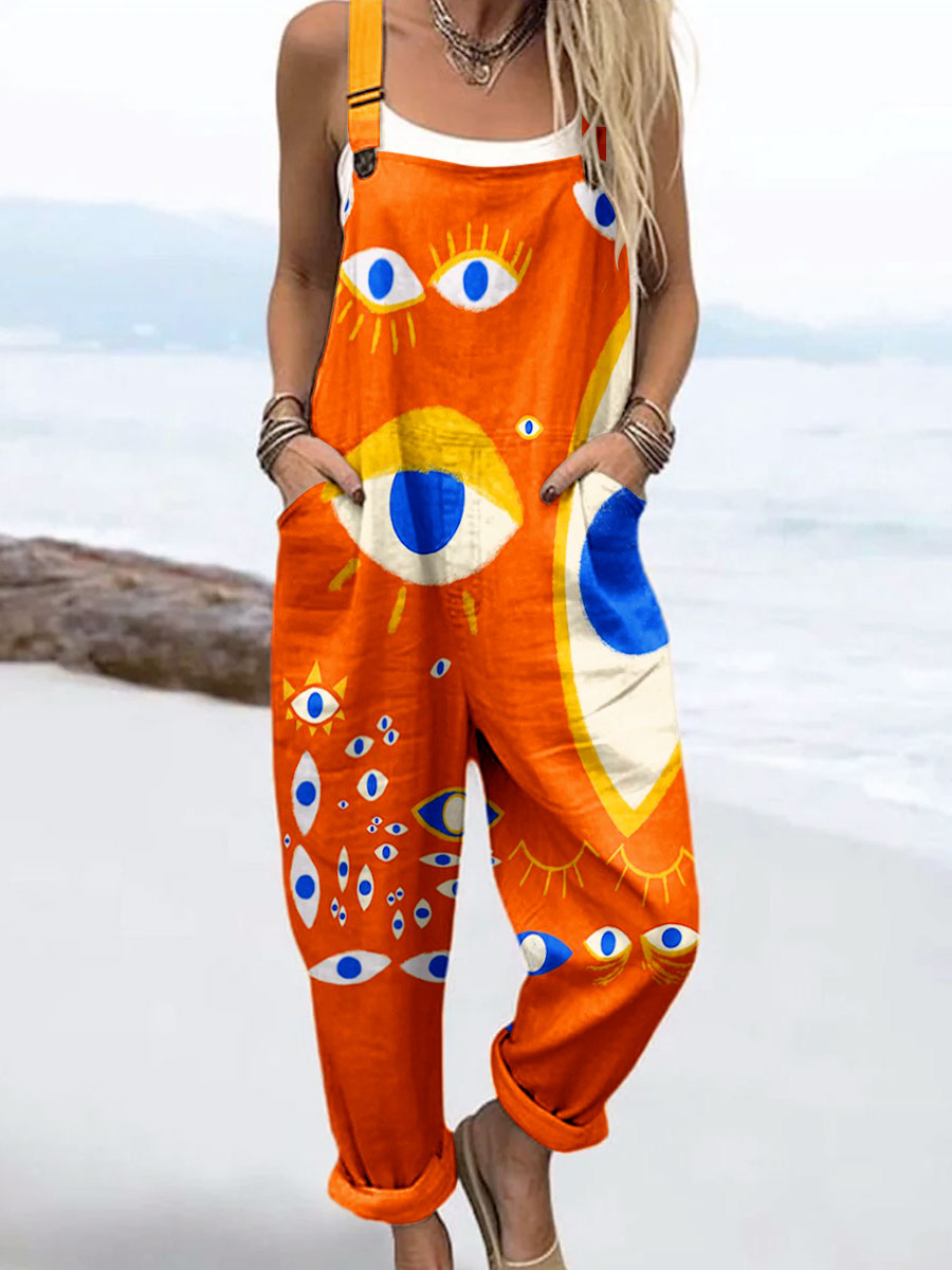 Women's Vintage Abstract Geometric Eye Art Print Casual 100% Cotton Wide Leg Jumpsuit