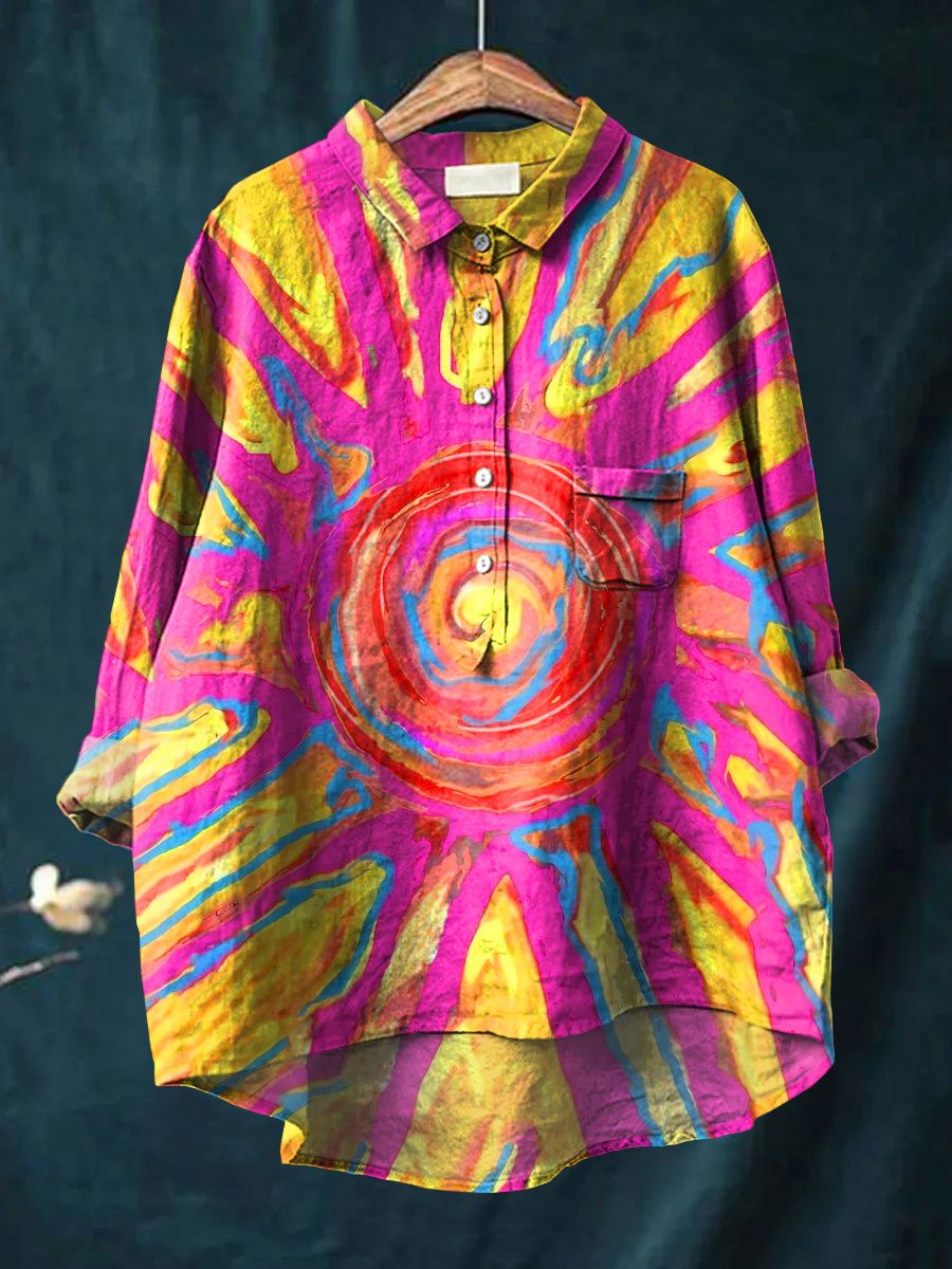 Abstrct Art Printed Women's Casual Cotton And Linen Shirt