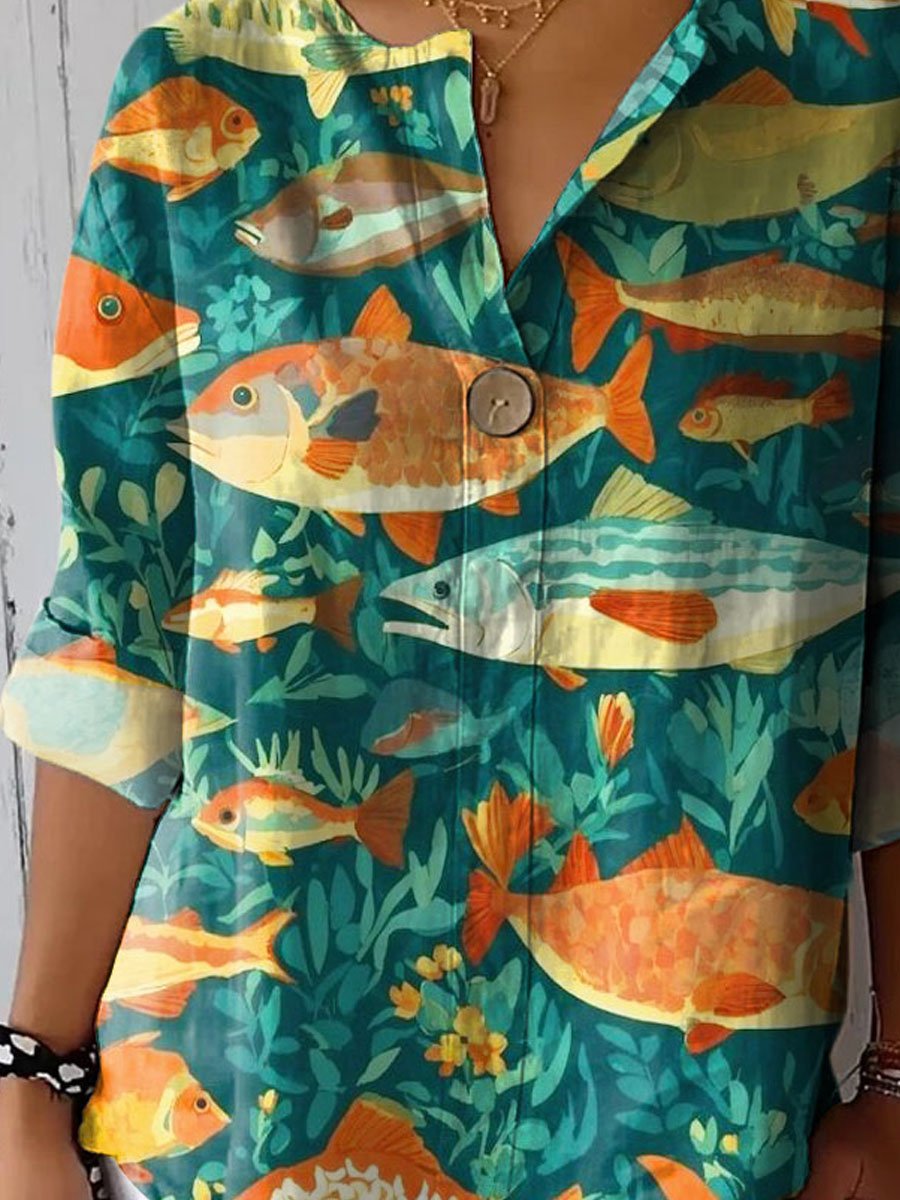Women's Vintage Lovely Fish Art Print Casual Cotton Linen Shirt
