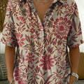 Women's Vintage Botanical Floral Casual Polo Collar Short-sleeved Linen And Cotton Shirt