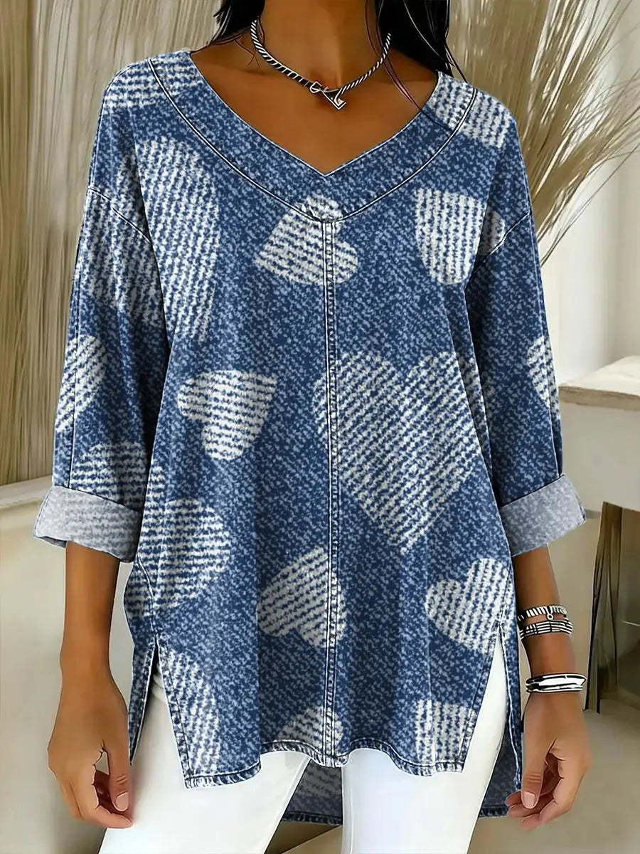 Women's Love Pattern Art Print Casual Denim Shirt