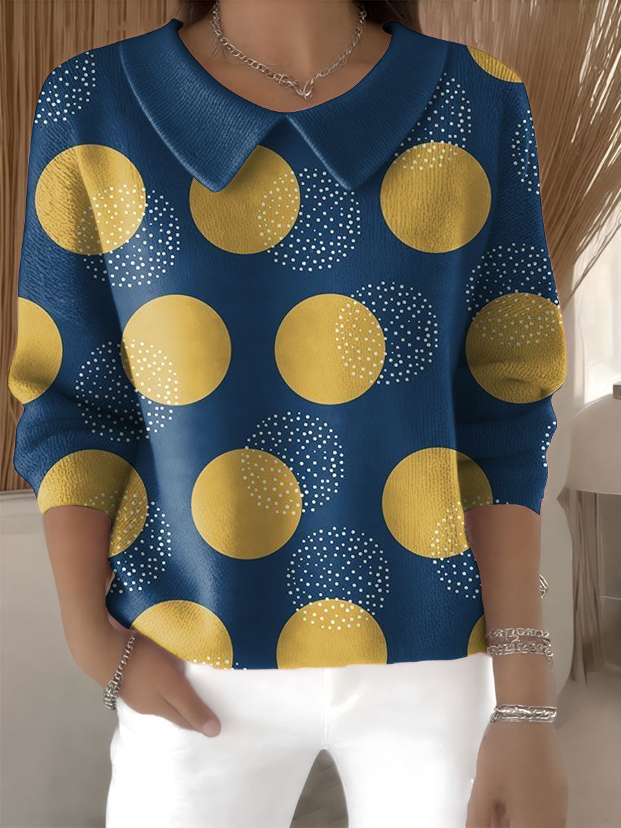 Women's Contrast Circle Pattern Print Casual Print Peter Pan Collar 3/4 Sleeve Sweater