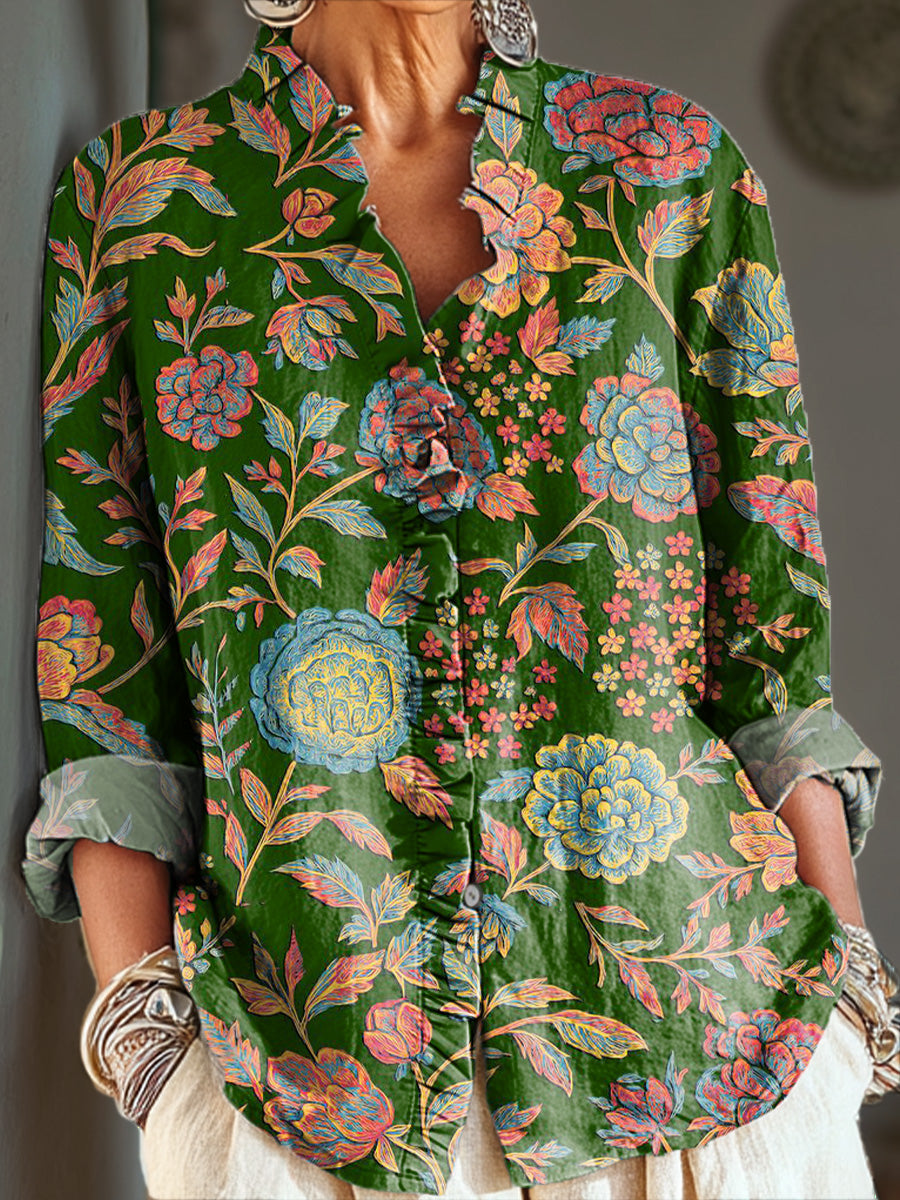 Women's Vintage Ethnic Floral Painting Art Print Casual Cotton And Linen Ruffle Shirt