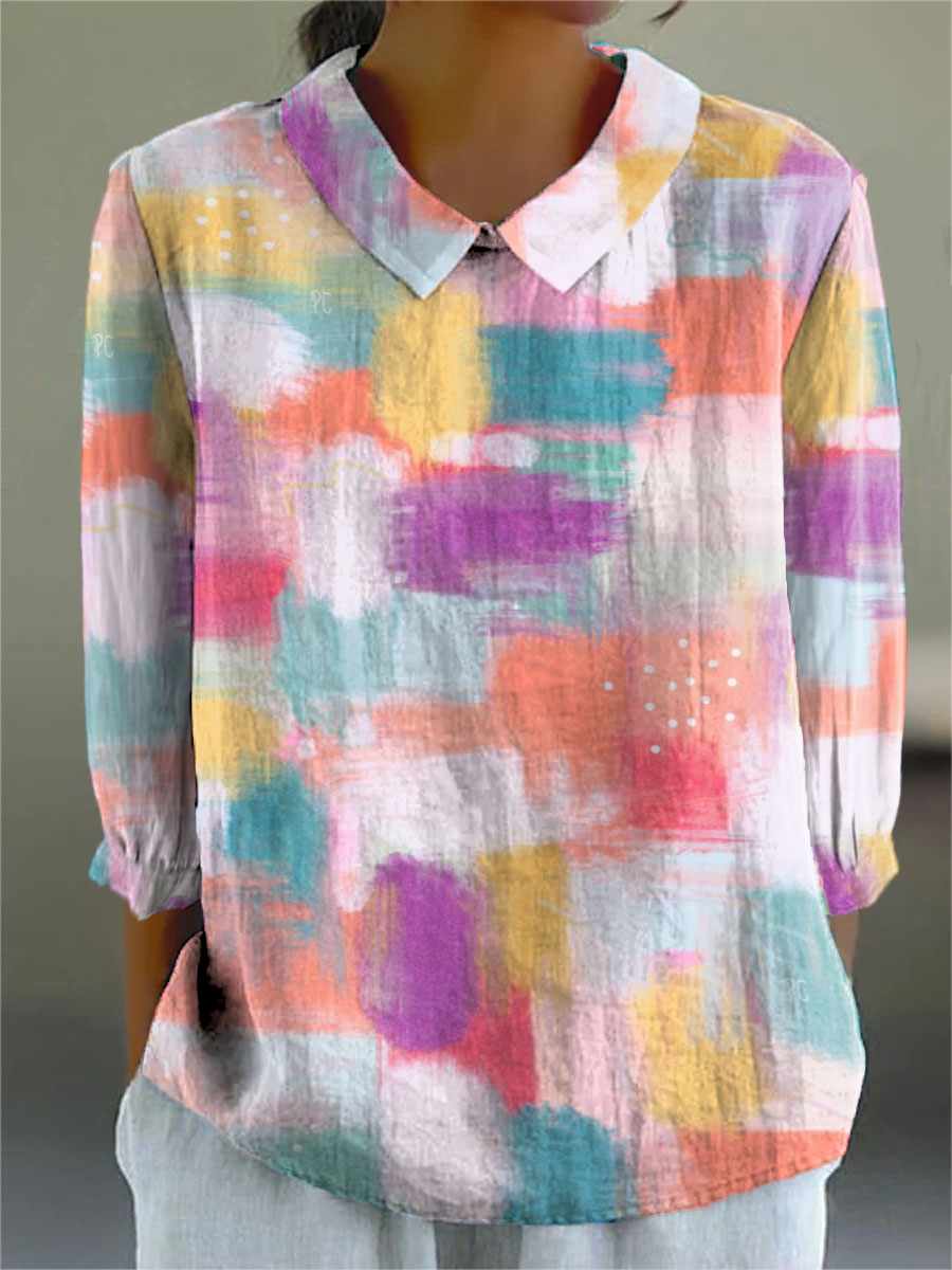 Women's Sfumato Square Print Casual Cotton And Linen 3/4 Sleeve Shirt