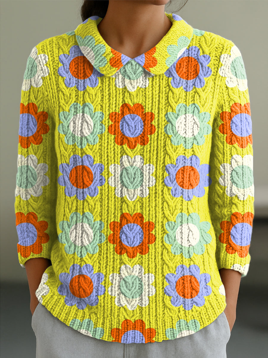 womens-cute-colorful-floral-painting-art-print-casual-peter-pan-collar-3-4-sleeve-sweater