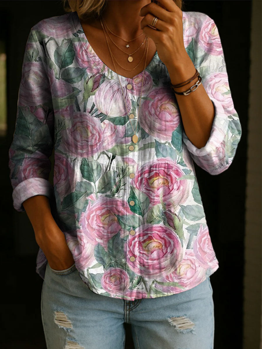 Women's Floral Pattern Art Print Casual Cotton Shirt