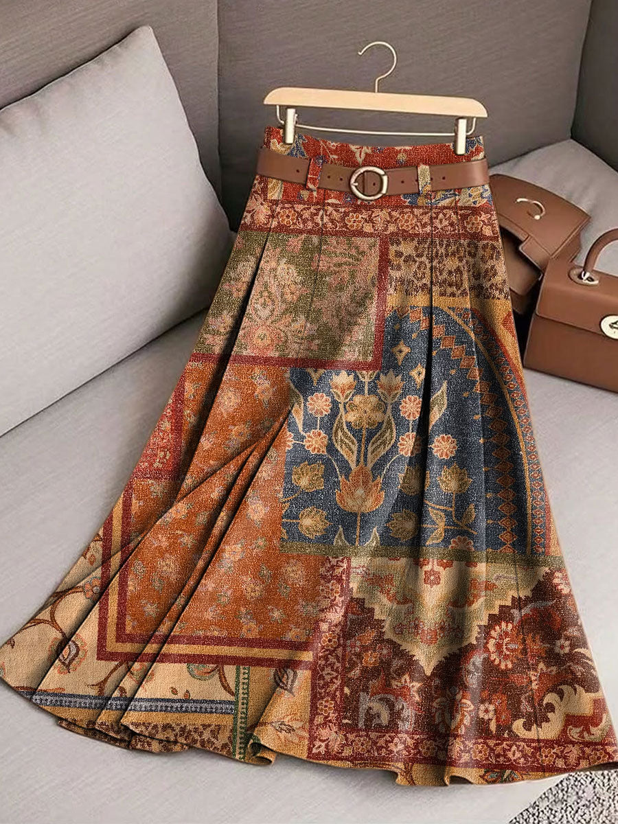 Women's Retro Splicing Flowers Pattern Casual Print Cotton Skirt