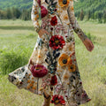 Women's Vintage Flower Art Print Long-sleeved Dress