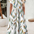 Multi Color Leaf Print Short Sleeve Round Neck Dress