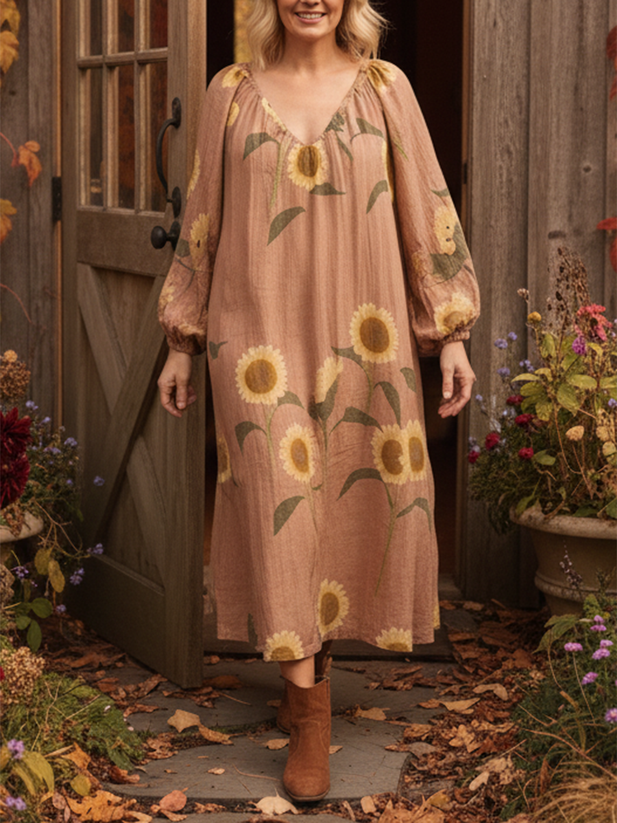 Sunflower Print Soft V-neck Cotton Midi Dress