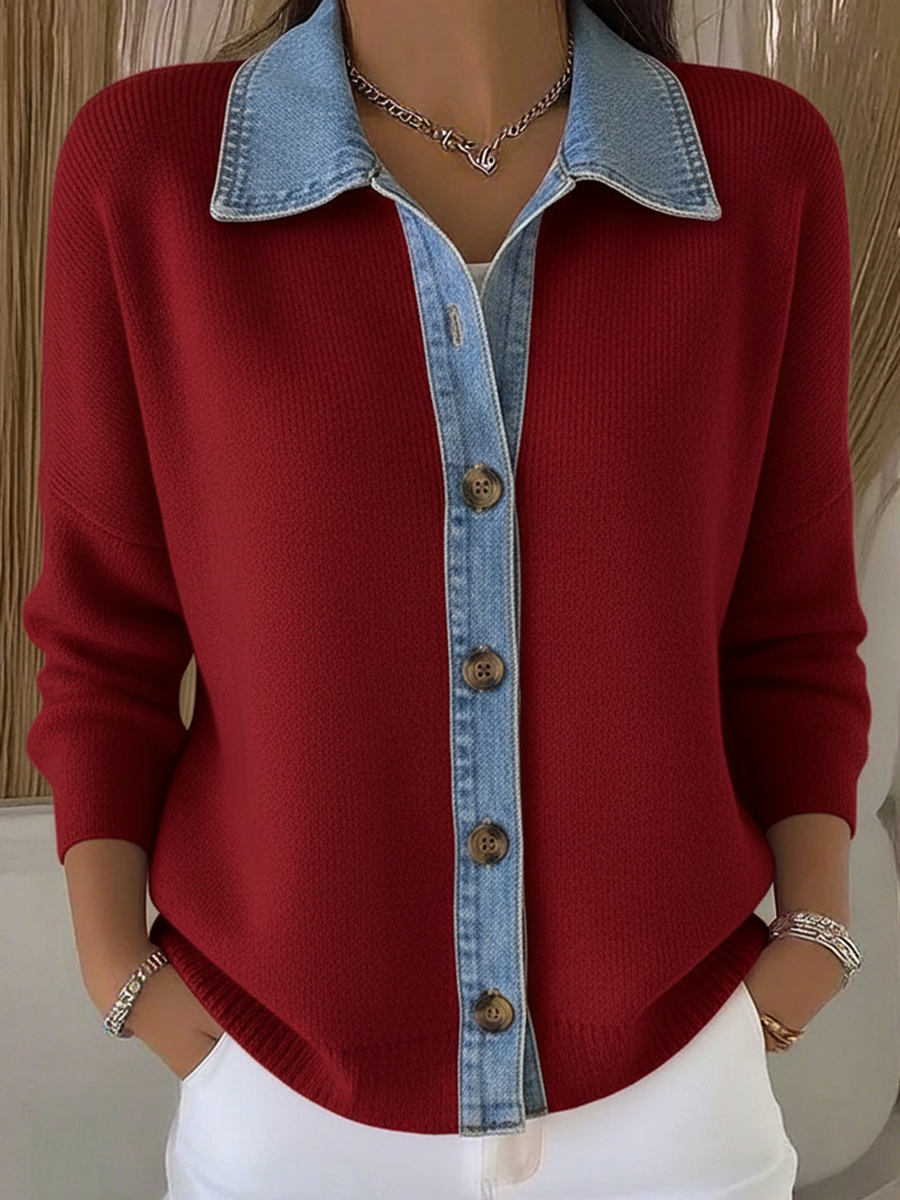 Denim Patchwork Polo Collar Button-down Knitted Cardigan Sweater