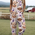 Women's Farm Highland Cattle Flowers Art Print Casual 100% Cotton Wide Leg Jumpsuit