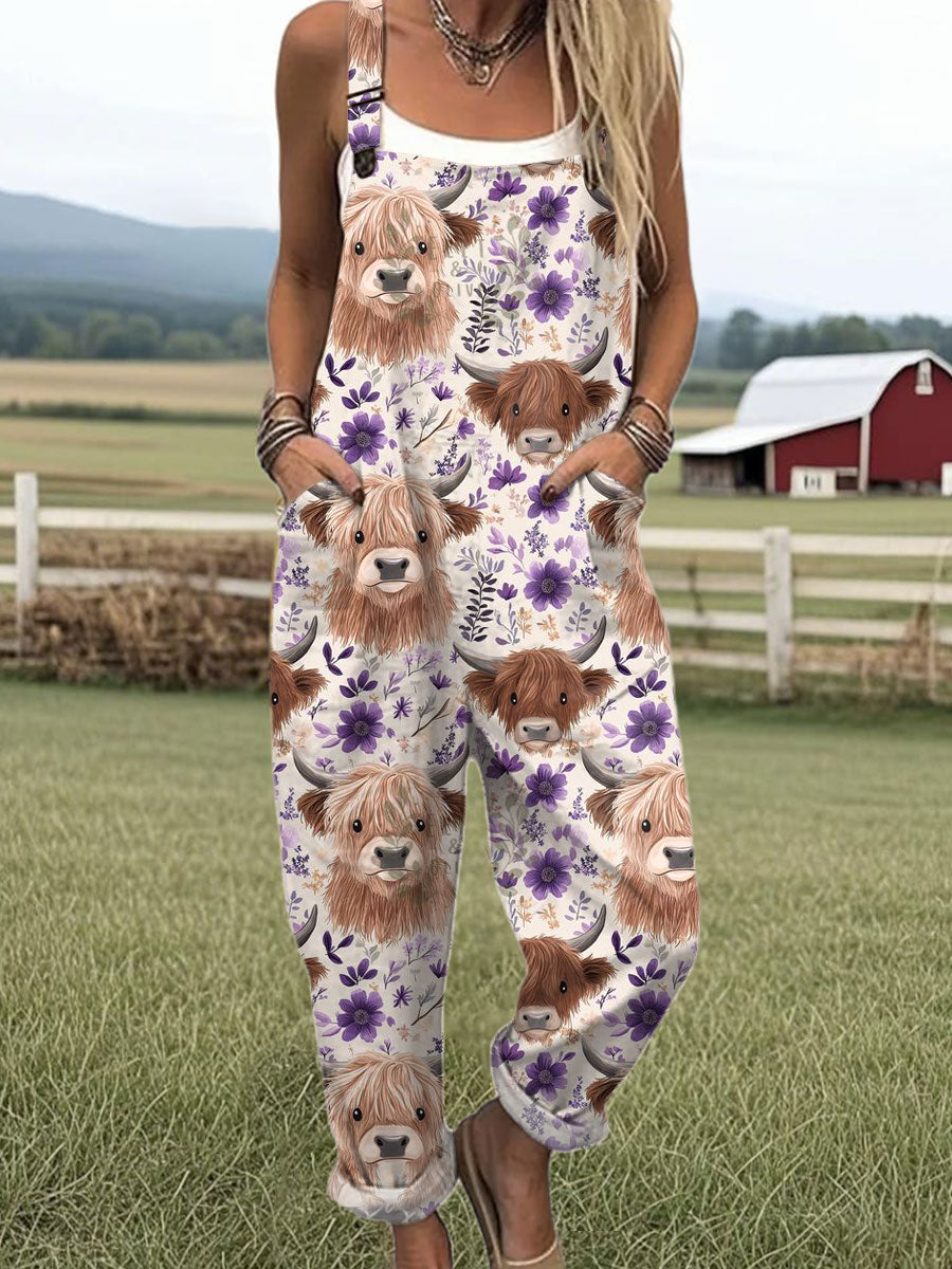 Women's Farm Highland Cattle Flowers Art Print Casual 100% Cotton Wide Leg Jumpsuit