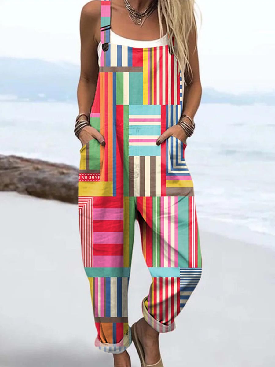 Women's Art Creative Colourful Geometry Print Casual 100% Cotton Wide Leg Jumpsuit