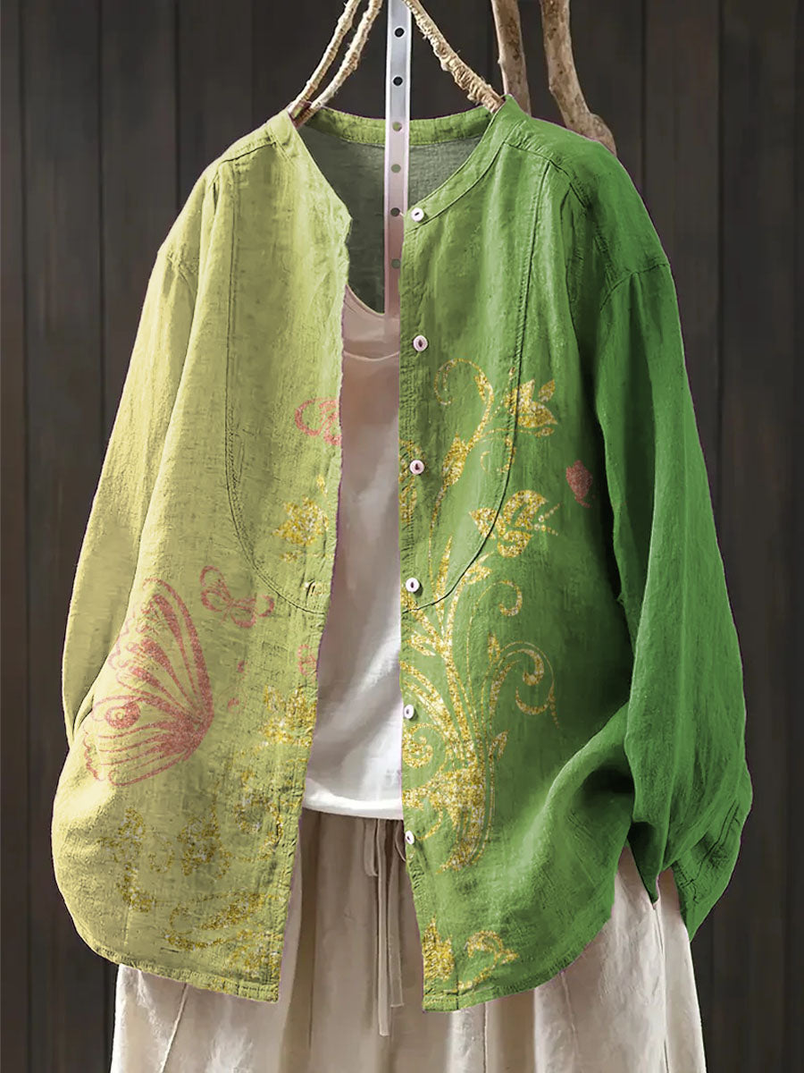 Women's Vintage Floral Pattern Art Print Casual Cotton And Linen Shirt