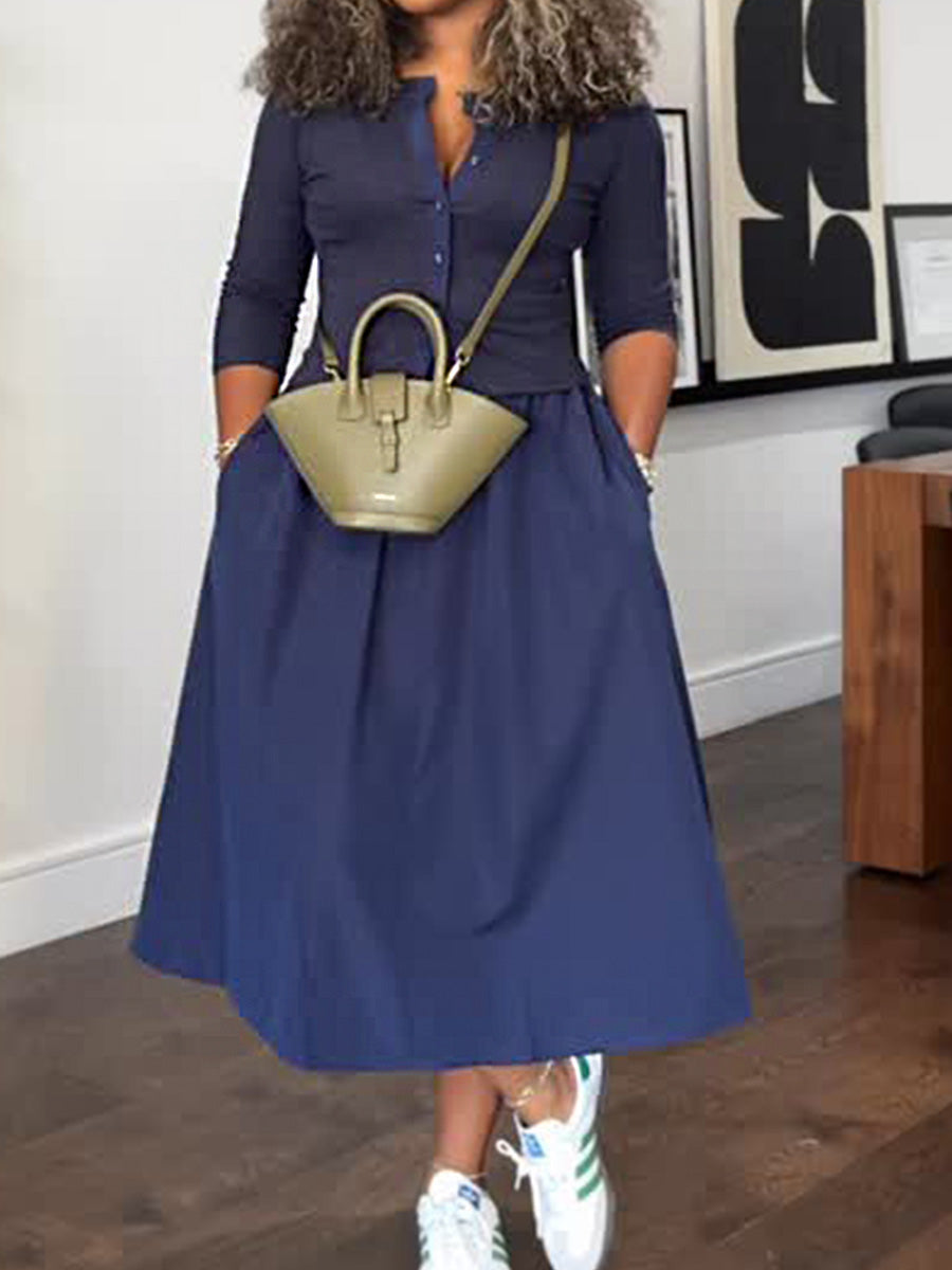 Women's Solid Color Round Neck 3/4 Sleeve Slim Fit Cardigan Top with Elastic Waist and Cotton A-Line Skirt Set