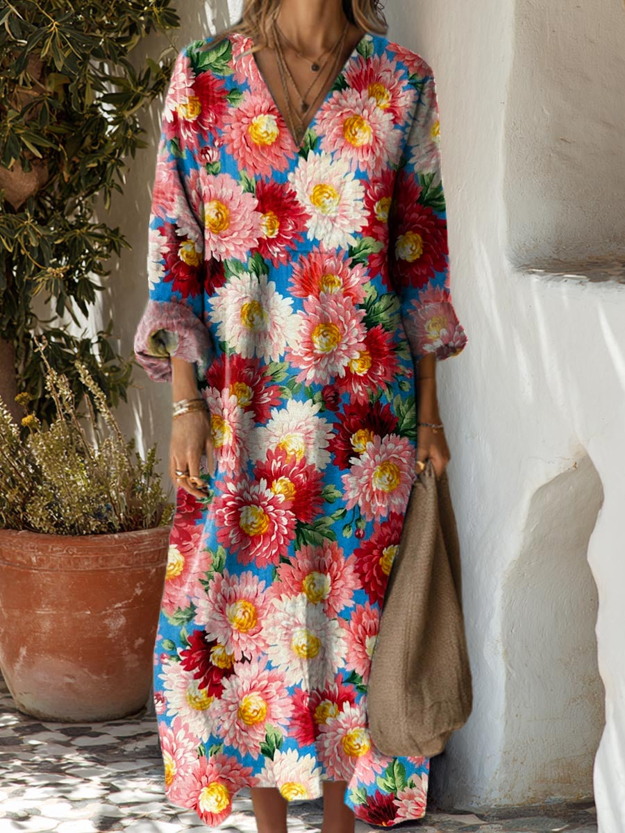 Women's Vintage Floral Art Print Cotton Dress