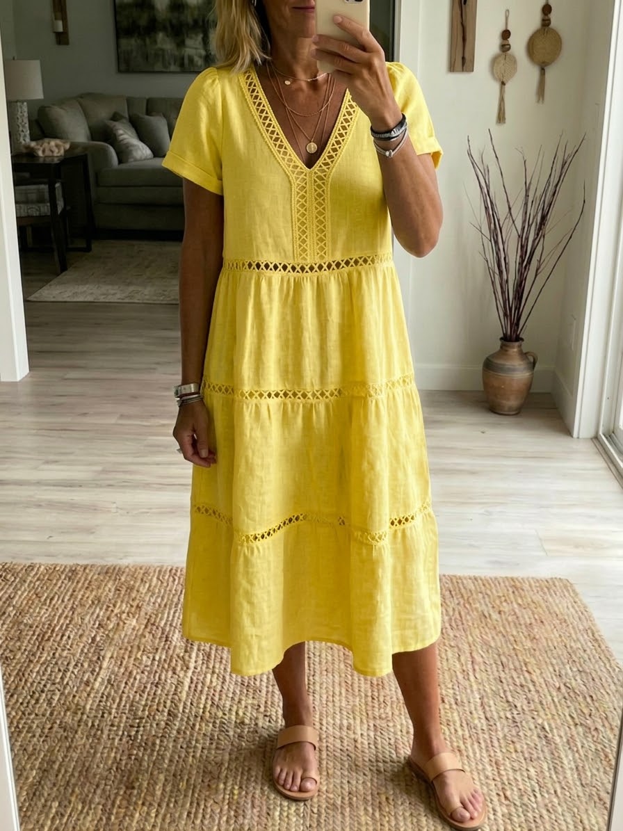 Casual Patchwork Openwork Ribbon Linen And Cotton Dress