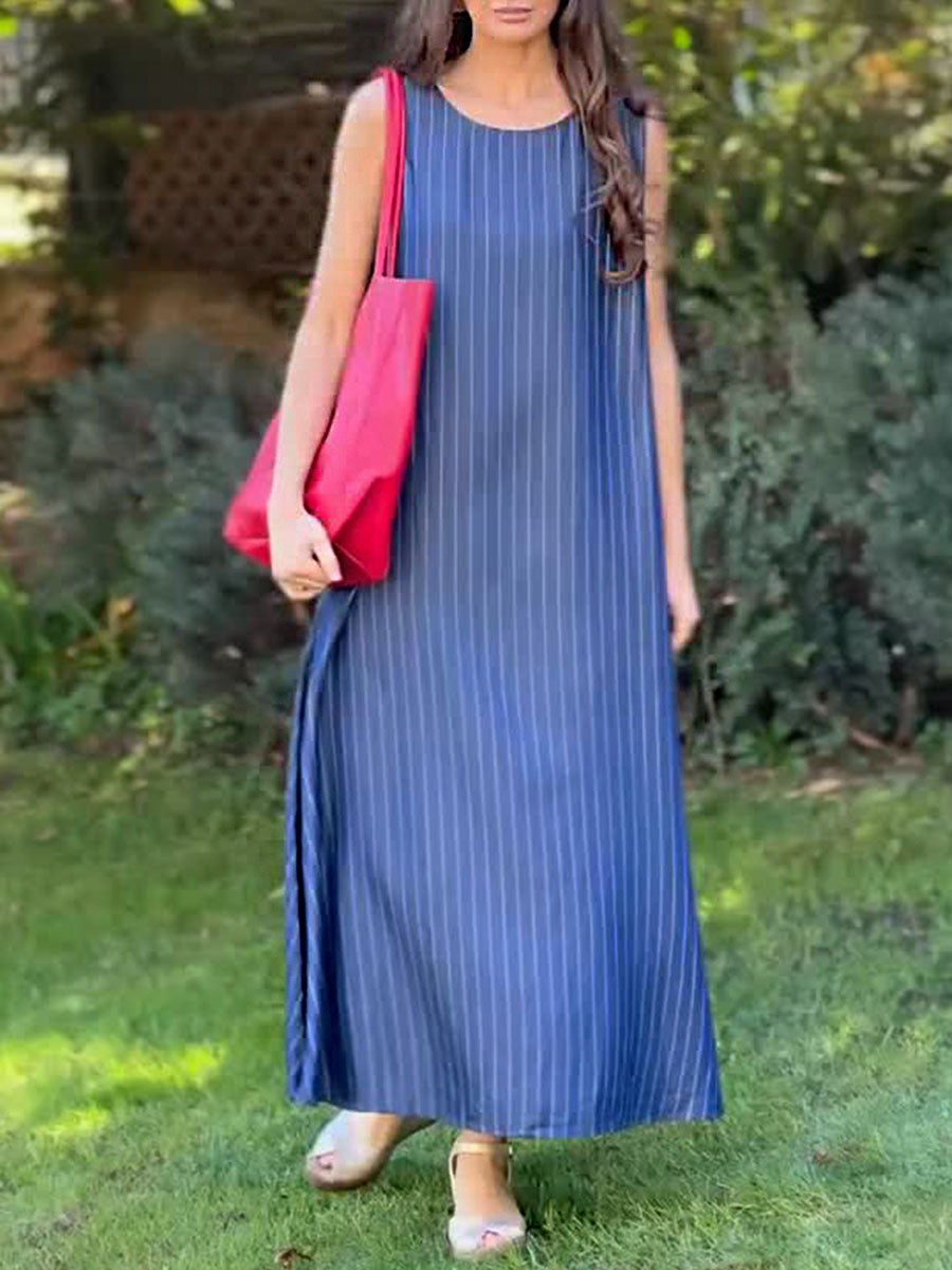 Women's Striped Print Round Neck Sleeveless Vest Cotton and Linen Dress