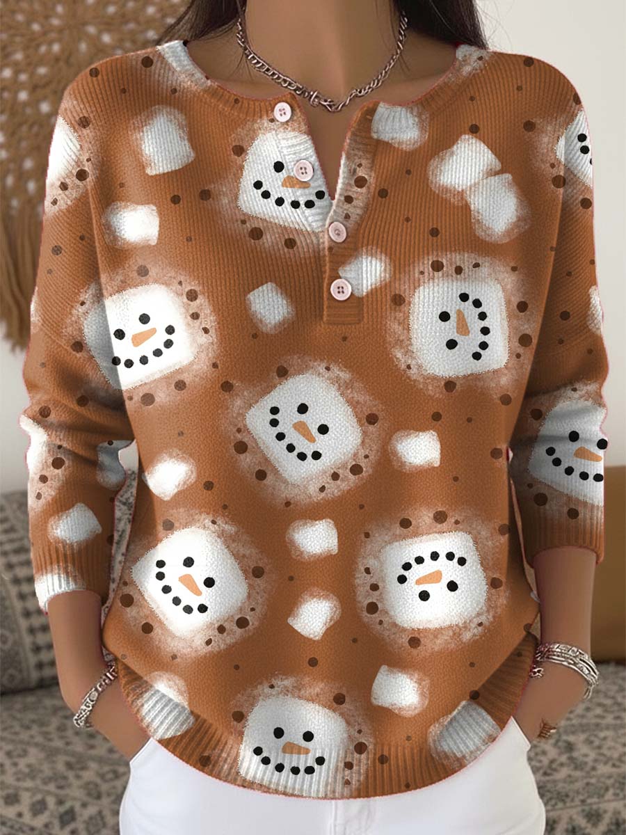 Women's Christmas Snowman Pattern Art Print Buttoned Cardigan Sweater