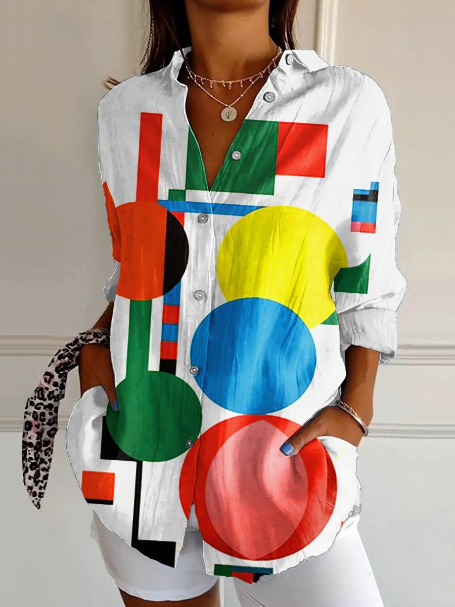 Women's  Minimalism Abstract Geometry Retro  Art  Print Casual Cotton Shirt