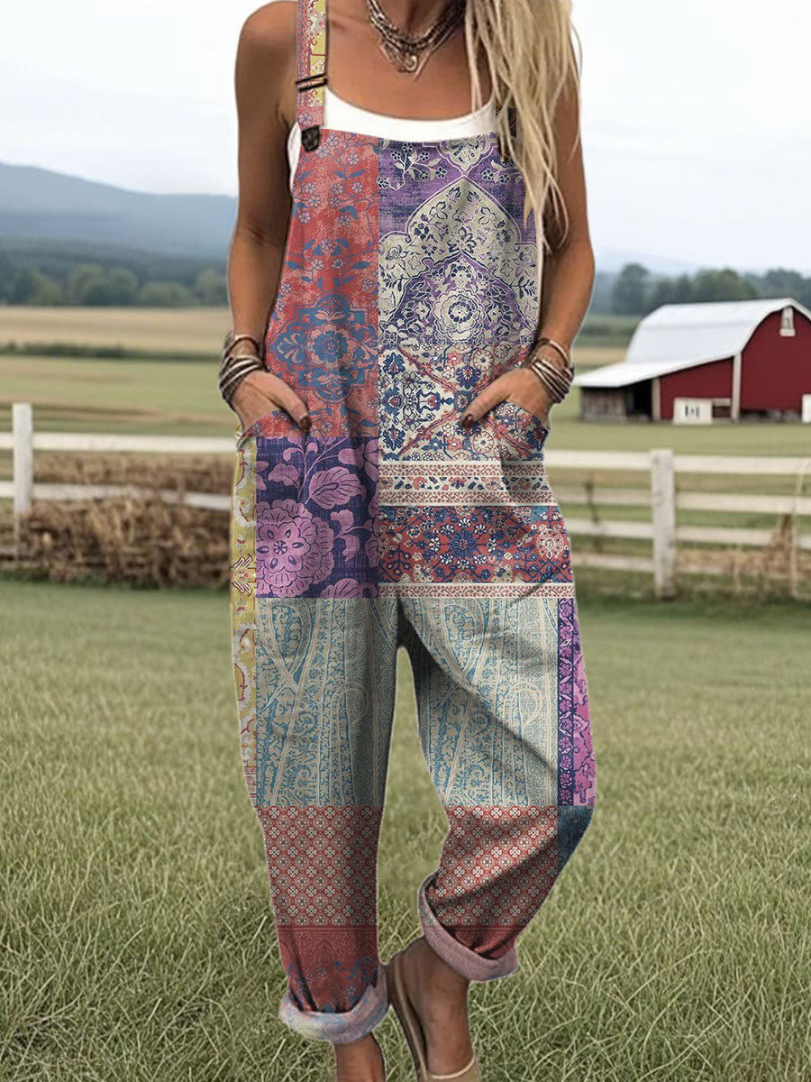 Women's  Vintage  Splicing Flower Art Print Casual 100% Cotton Wide Leg Jumpsuit