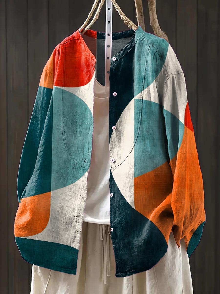 Women's Geometric Pattern Art Print Casual Cotton And Linen Shirt