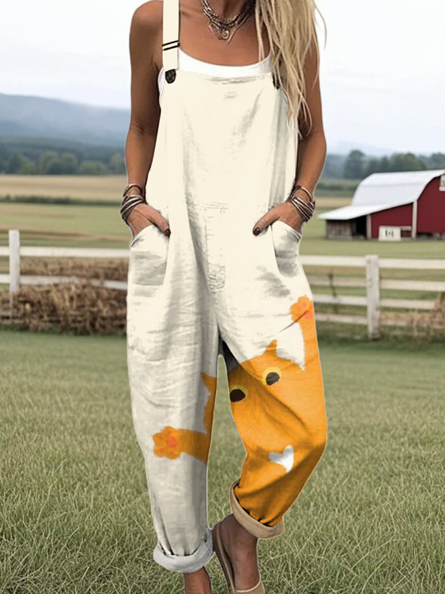 Women's Art Fun Kittens Print Casual 100% Cotton Wide Leg Jumpsuit