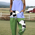 Women's Lovely Cow Art Print Casual 100% Cotton Wide Leg Jumpsuit