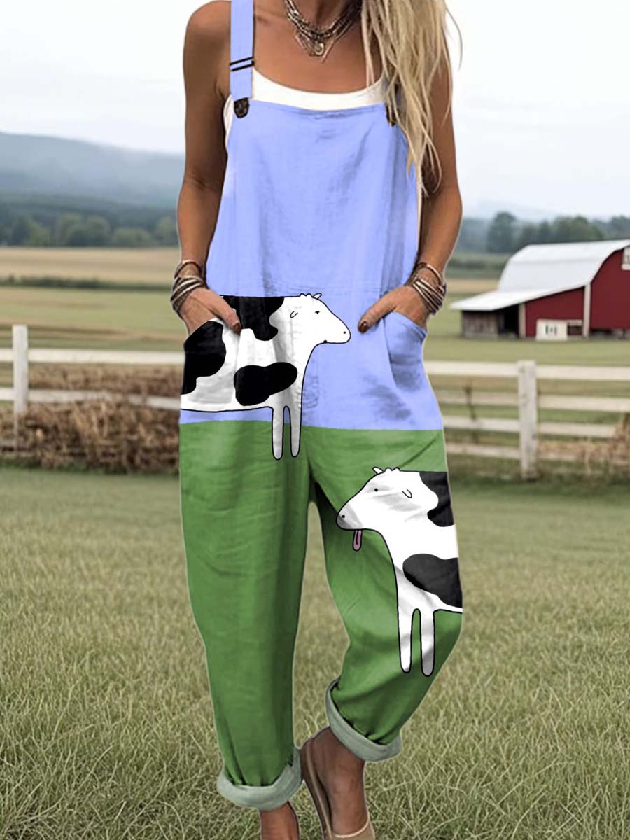 Women's Lovely Cow Art Print Casual 100% Cotton Wide Leg Jumpsuit