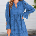 Women's Fringed V-neck Long-sleeve Hollow Lace Stylish Solid Color Cotton Dress