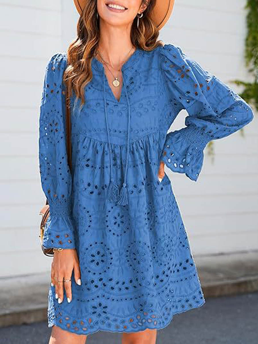 Women's Fringed V-neck Long-sleeve Hollow Lace Stylish Solid Color Cotton Dress