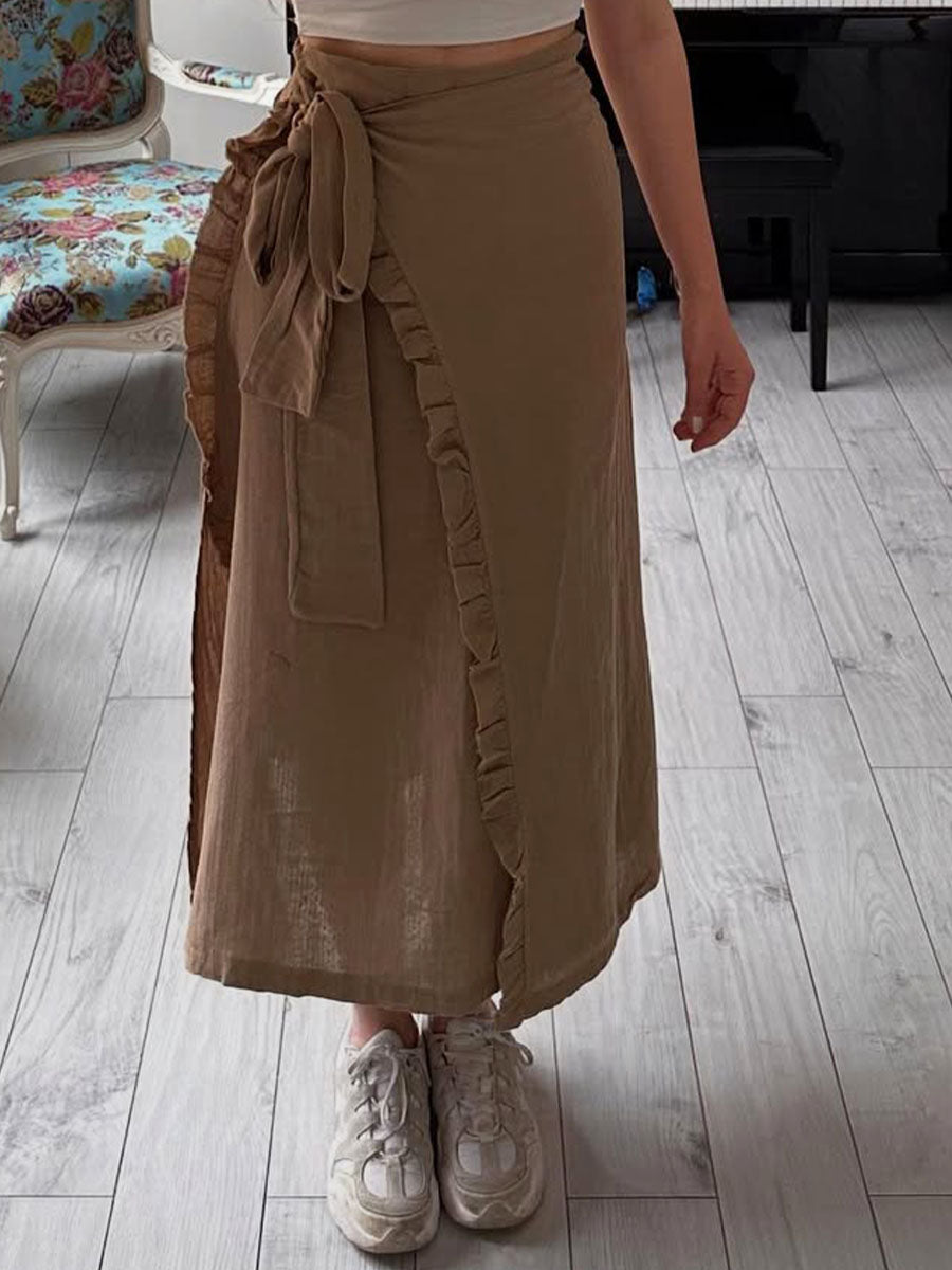 Women's Solid Color Ruffle Casual Lace-up Linen Skirt
