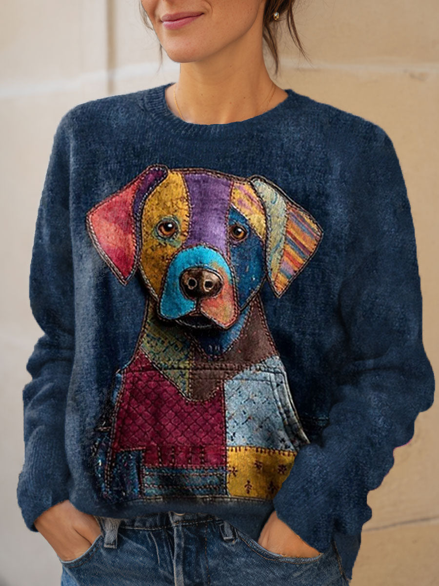 vintage-funny-dog-art-print-knit-pullover-sweater