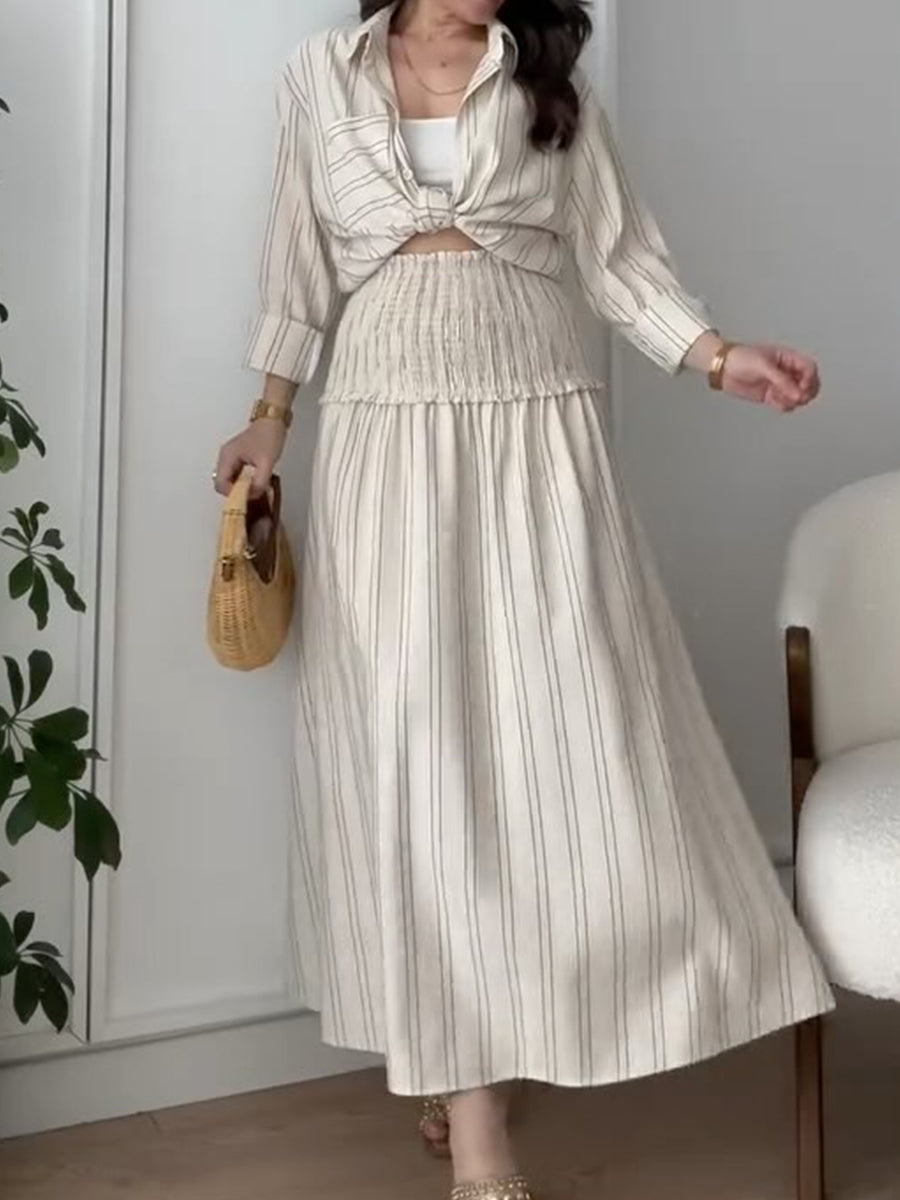Women's Striped Casual Linen and Cotton Shirt and Skirt Set